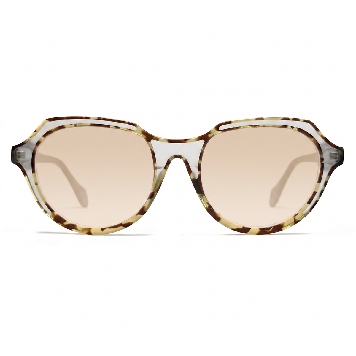 Oversized sunglasses with a translucent tortoiseshell frame in brown and beige tones, paired with light beige-tinted lenses, shown against a plain white background.
