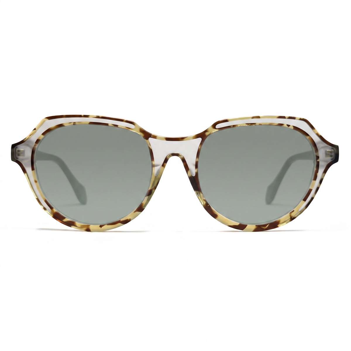 Oversized sunglasses with a translucent tortoiseshell frame in brown and beige tones, featuring light gray lenses.
