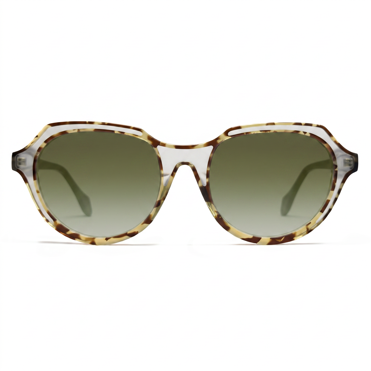 Oversized sunglasses with a translucent tortoiseshell frame and gradient green lenses, shown against a plain white background.