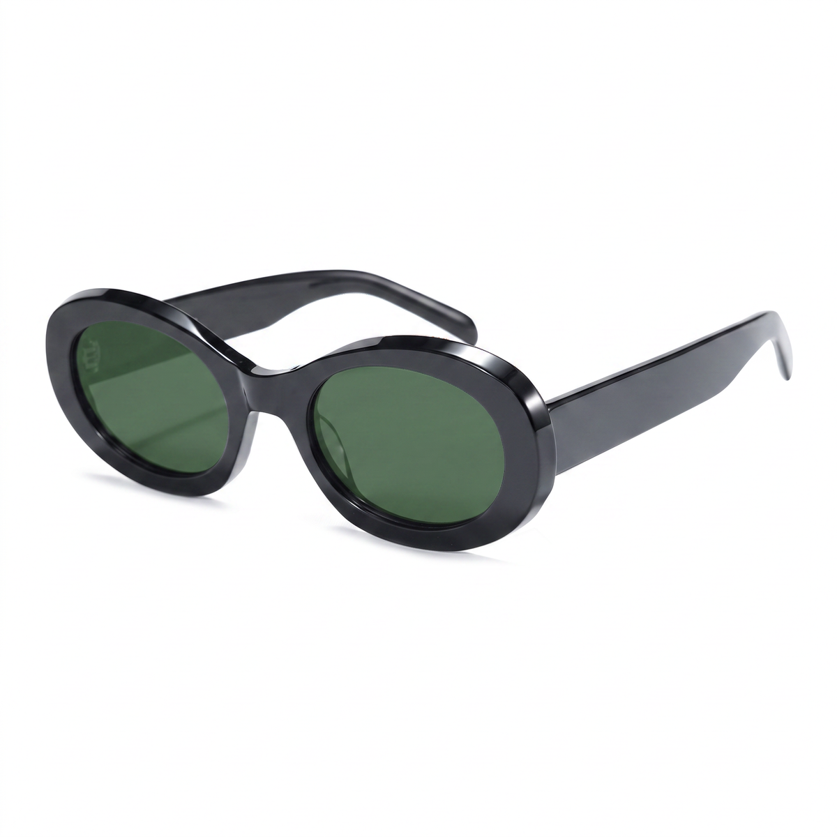 Oval sunglasses with a glossy black acetate frame and dark green lenses, shown from a three-quarters angle on a white background.