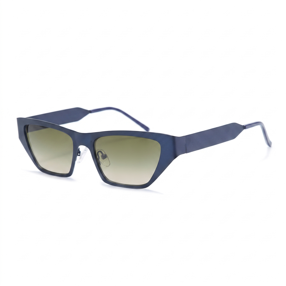A pair of angular cat-eye sunglasses with a matte navy blue frame and gradient green-tinted lenses, shown on a clean white background.