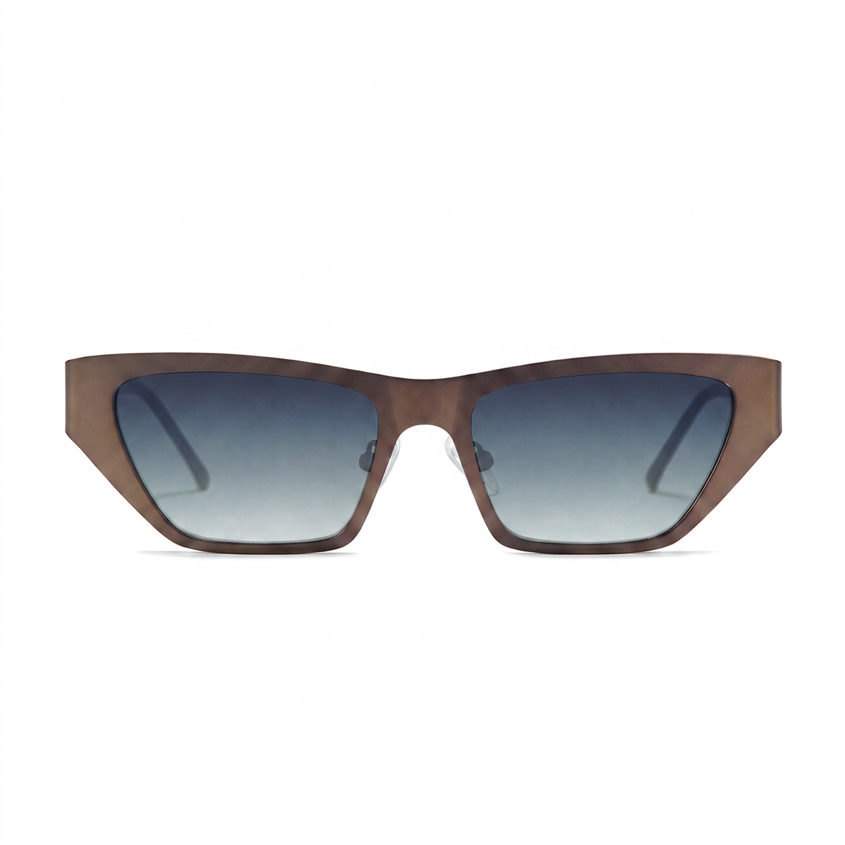 A pair of angular cat-eye sunglasses with a translucent brown frame and gradient gray-blue lenses, shown against a plain white background.