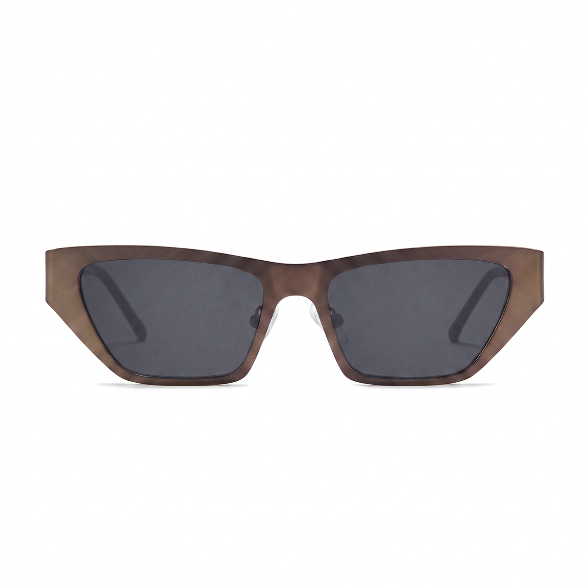 A pair of cat-eye sunglasses with a translucent brown acetate frame and dark gray lenses, shown against a plain white background.
