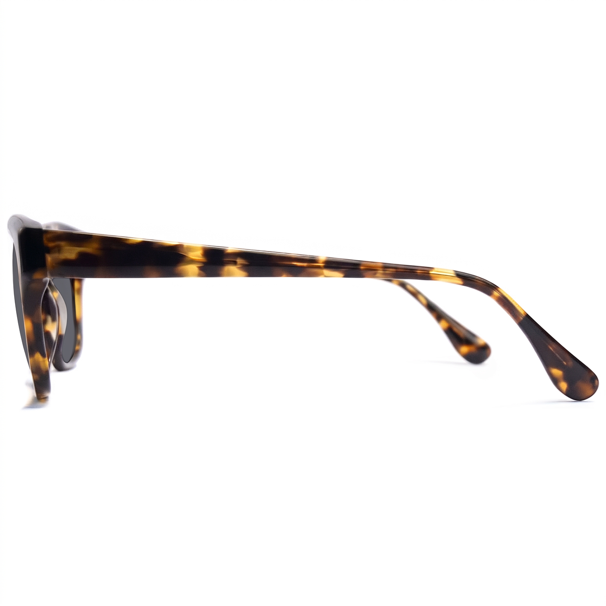 A pair of round-frame eyeglasses shown in side profile, featuring a classic tortoiseshell acetate frame with dark brown, amber, and black mottled patterns on a clean white background.