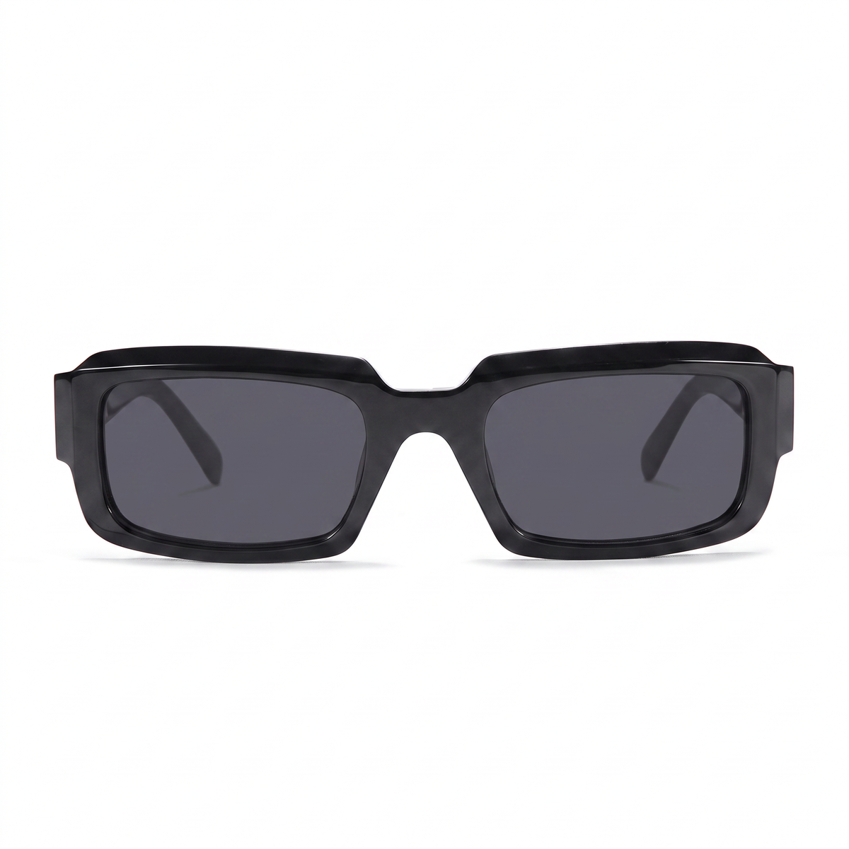 Black square sunglasses with dark gray lenses, shown from a front-facing perspective on a clean white background.