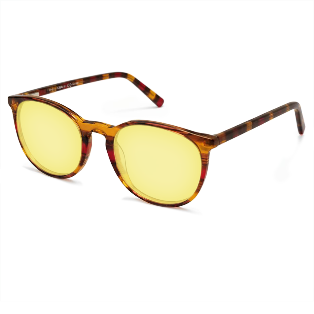 Sunglasses with tortoiseshell frame and yellow lenses on a white background