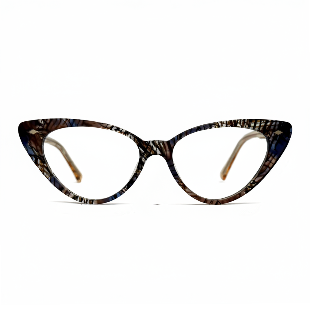 Cat-eye glasses with a tortoiseshell pattern on a white background