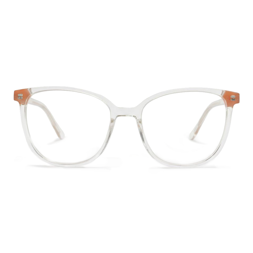Clear eyeglasses with brown accents on a white background