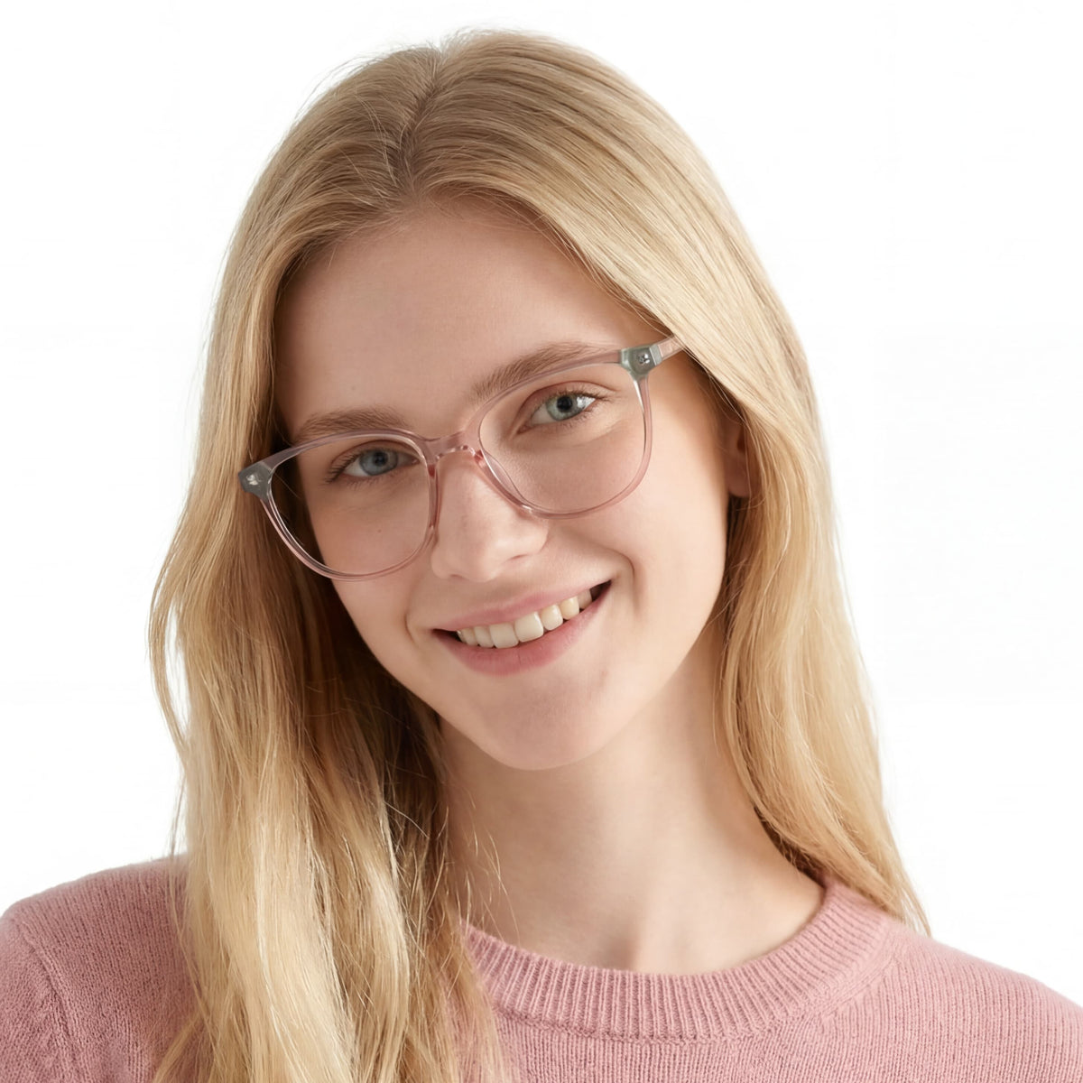Woman wearing glasses with a plain white background