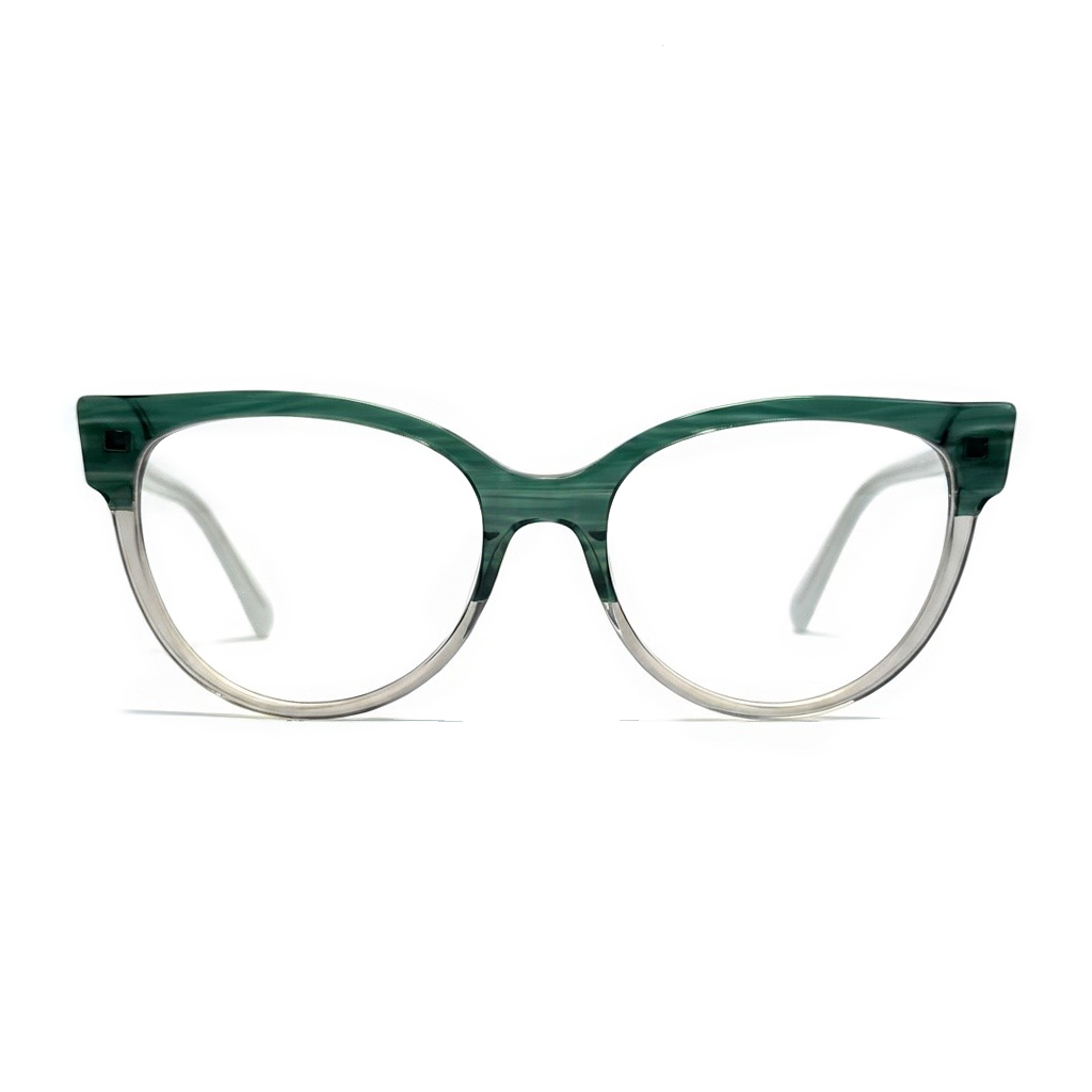 Green cat-eye glasses on a white background