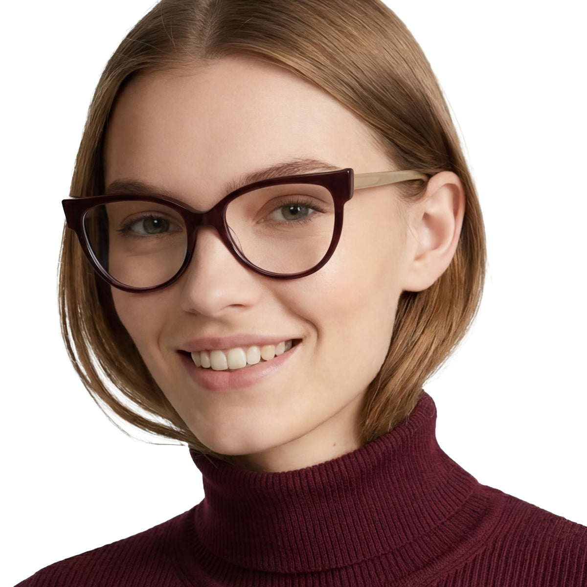 Woman wearing brown cat-eye glasses and a maroon turtleneck against a white background