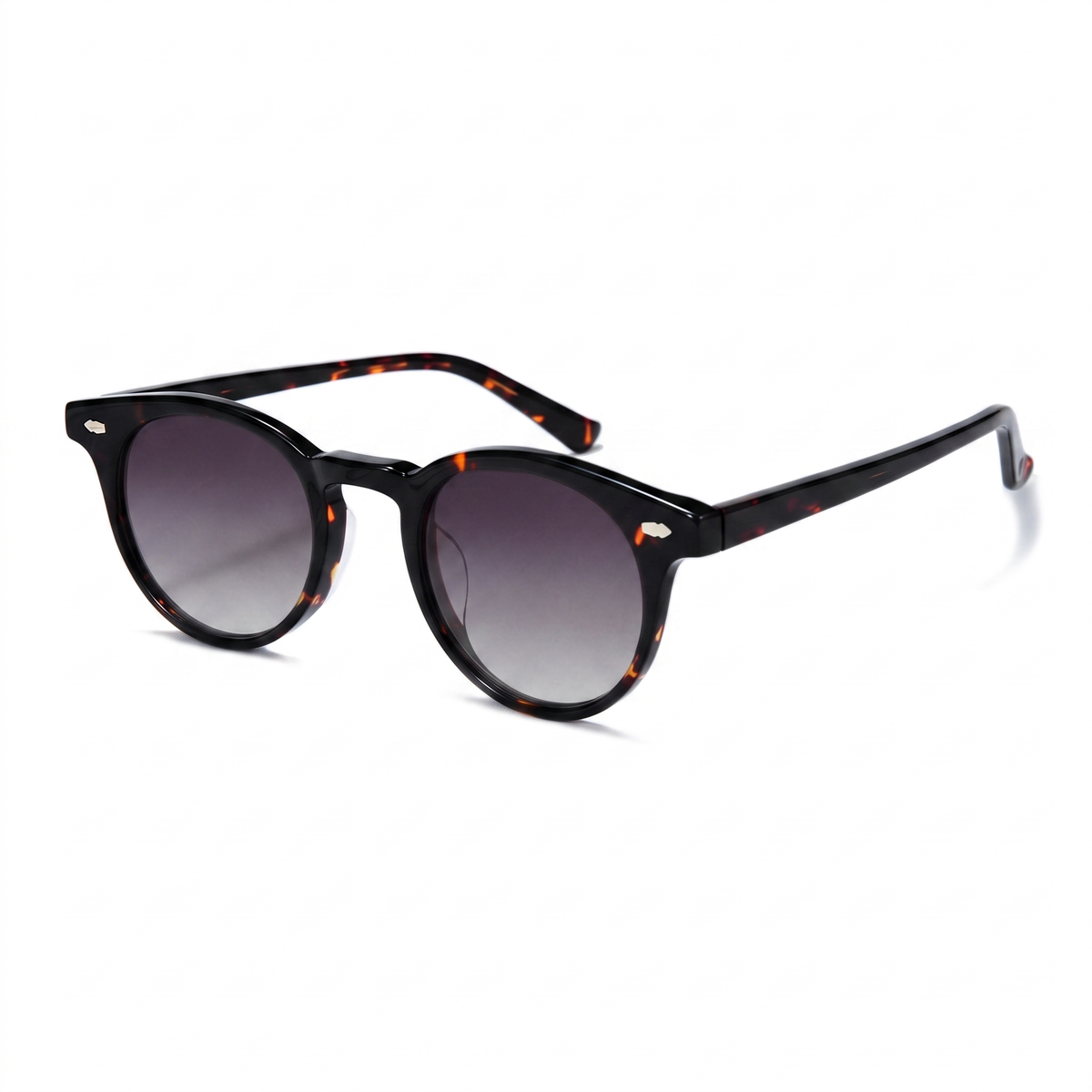 Round sunglasses with a black and brown tortoiseshell acetate frame and gradient gray lenses, shown on a clean white background.