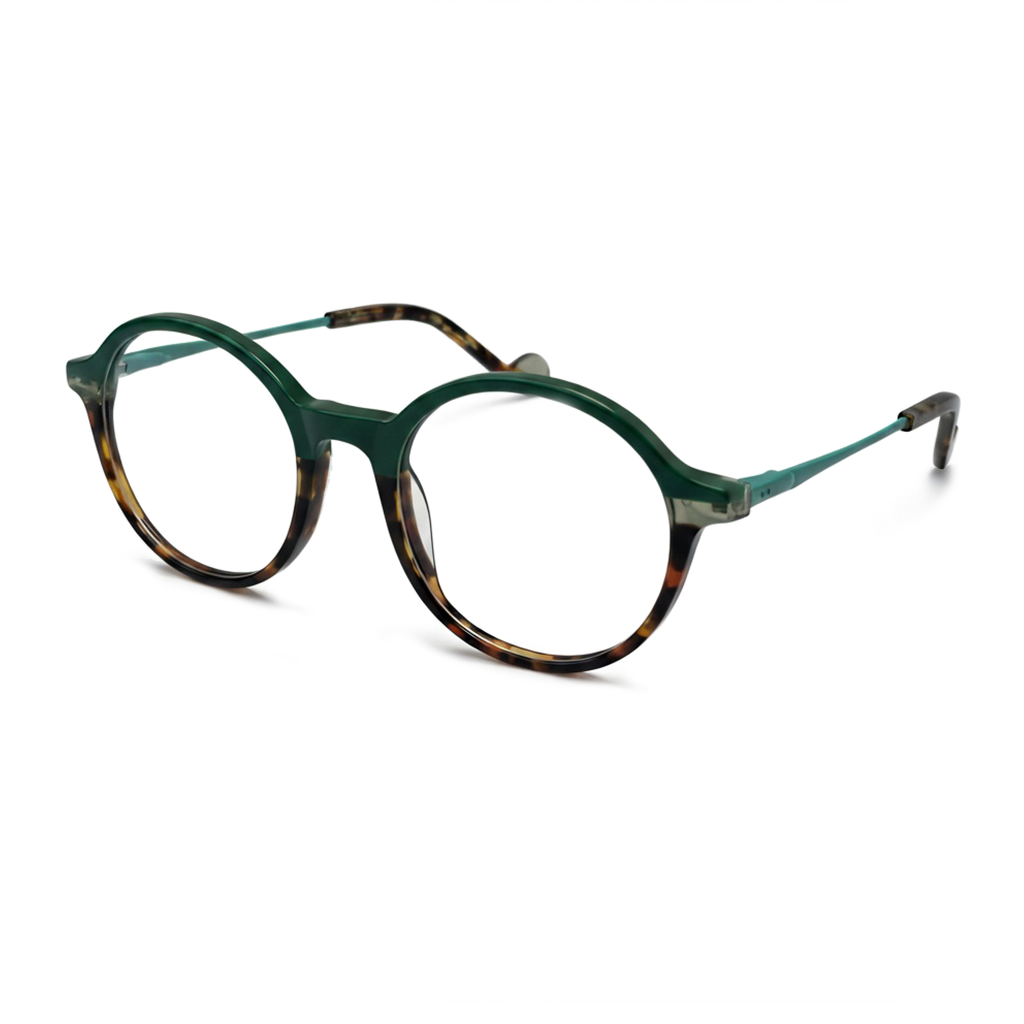Round eyeglasses with a green and tortoiseshell frame on a white background