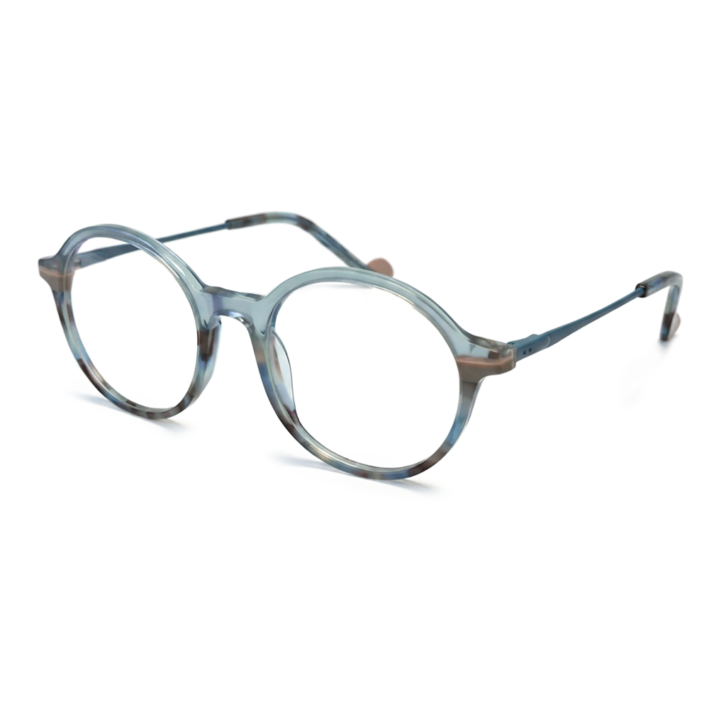 Round eyeglasses with a blue and brown frame on a white background