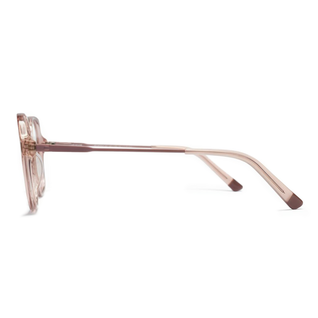 Pink sunglasses with a clear lens on a white background