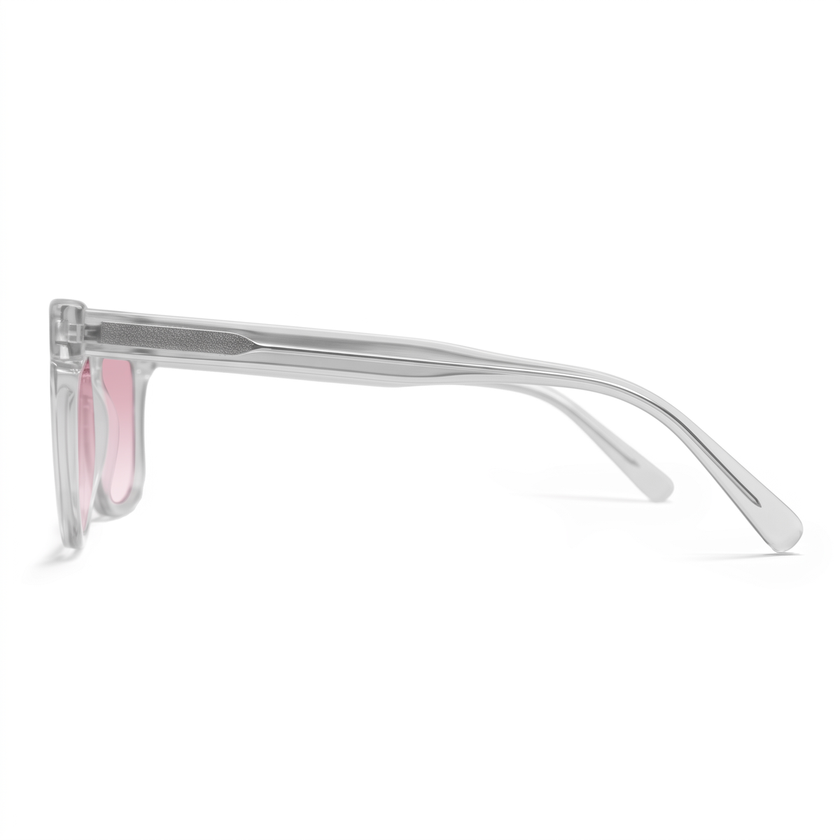 Clear acetate sunglasses with pink tinted lenses, shown from a side profile view on a white background.