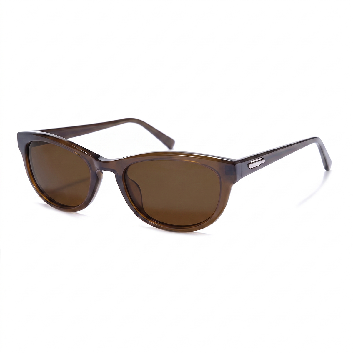 A pair of classic cat-eye sunglasses with a translucent dark brown acetate frame and matching brown lenses, shown on a clean white background.
