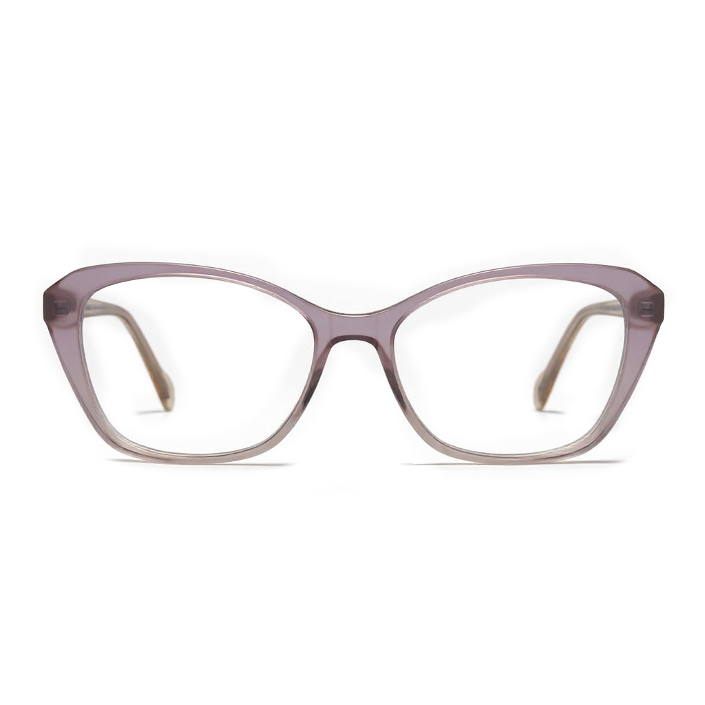 Pair of glasses with a gradient purple and beige frame on a white background