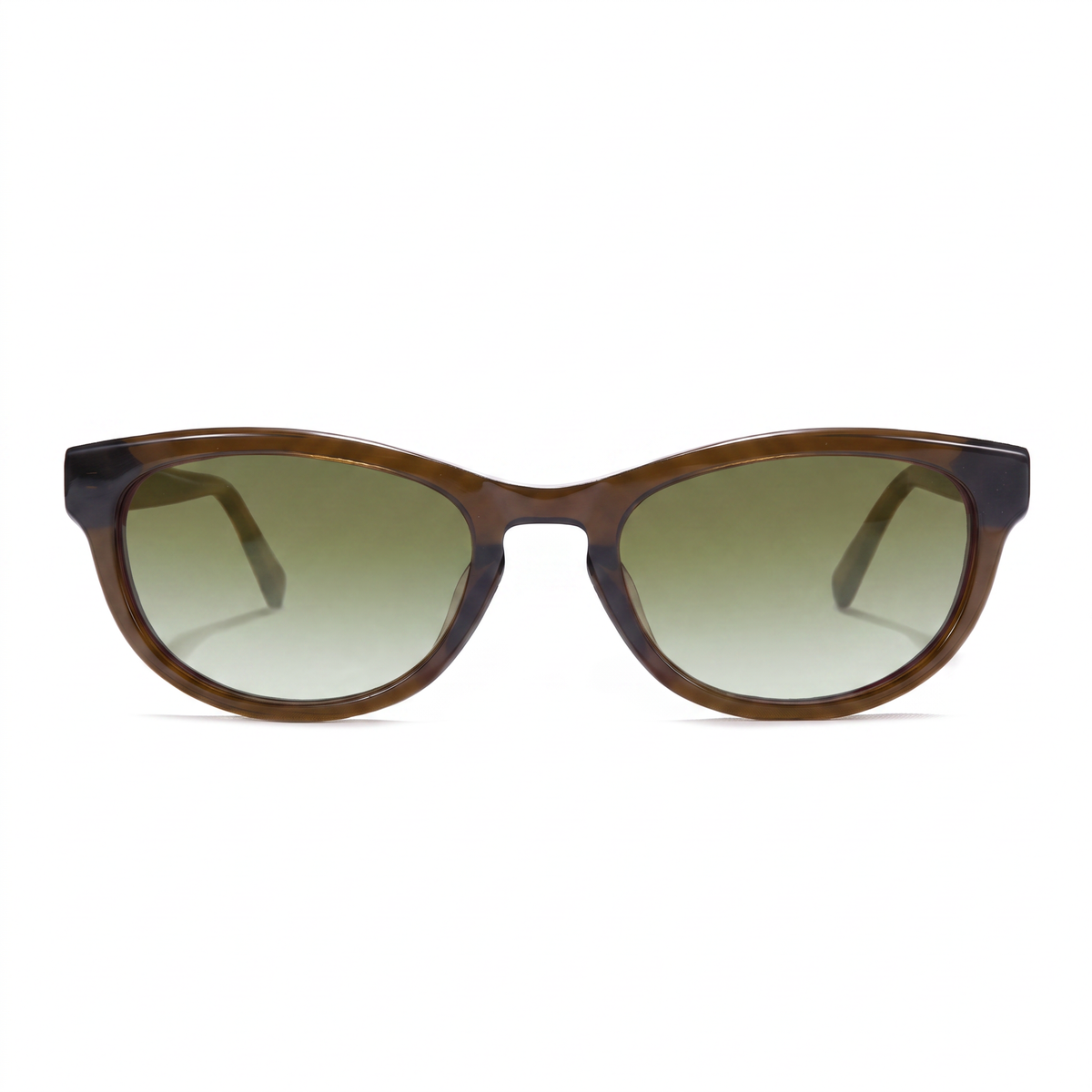 Cat-eye sunglasses with a translucent brown acetate frame and gradient green lenses, shown against a plain white background.