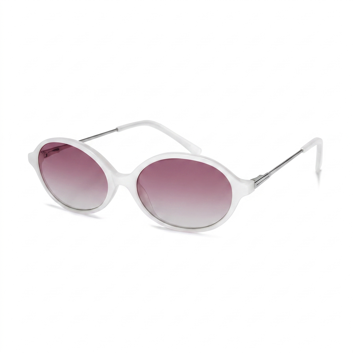 Oval sunglasses with a translucent white frame and gradient pink-tinted lenses, shown on a clean white background.