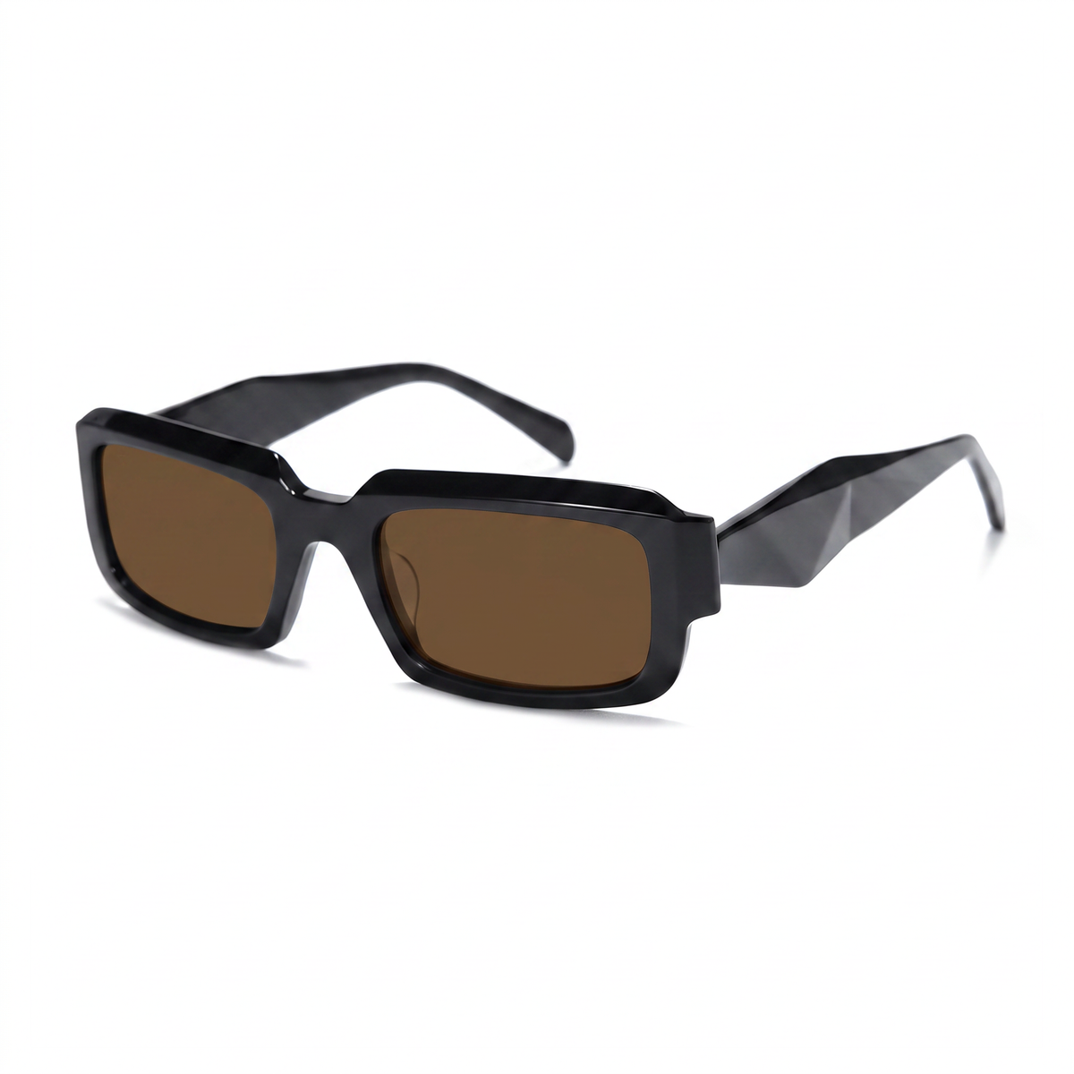 Rectangular sunglasses with a glossy black frame and brown tinted lenses, shown at a three-quarter angle on a white background.