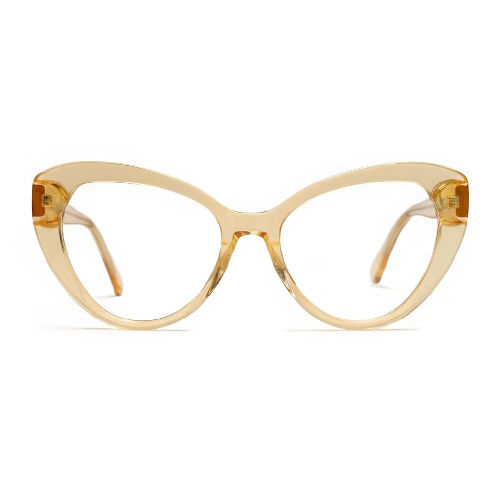 Cat-eye glasses with a beige frame on a white background
