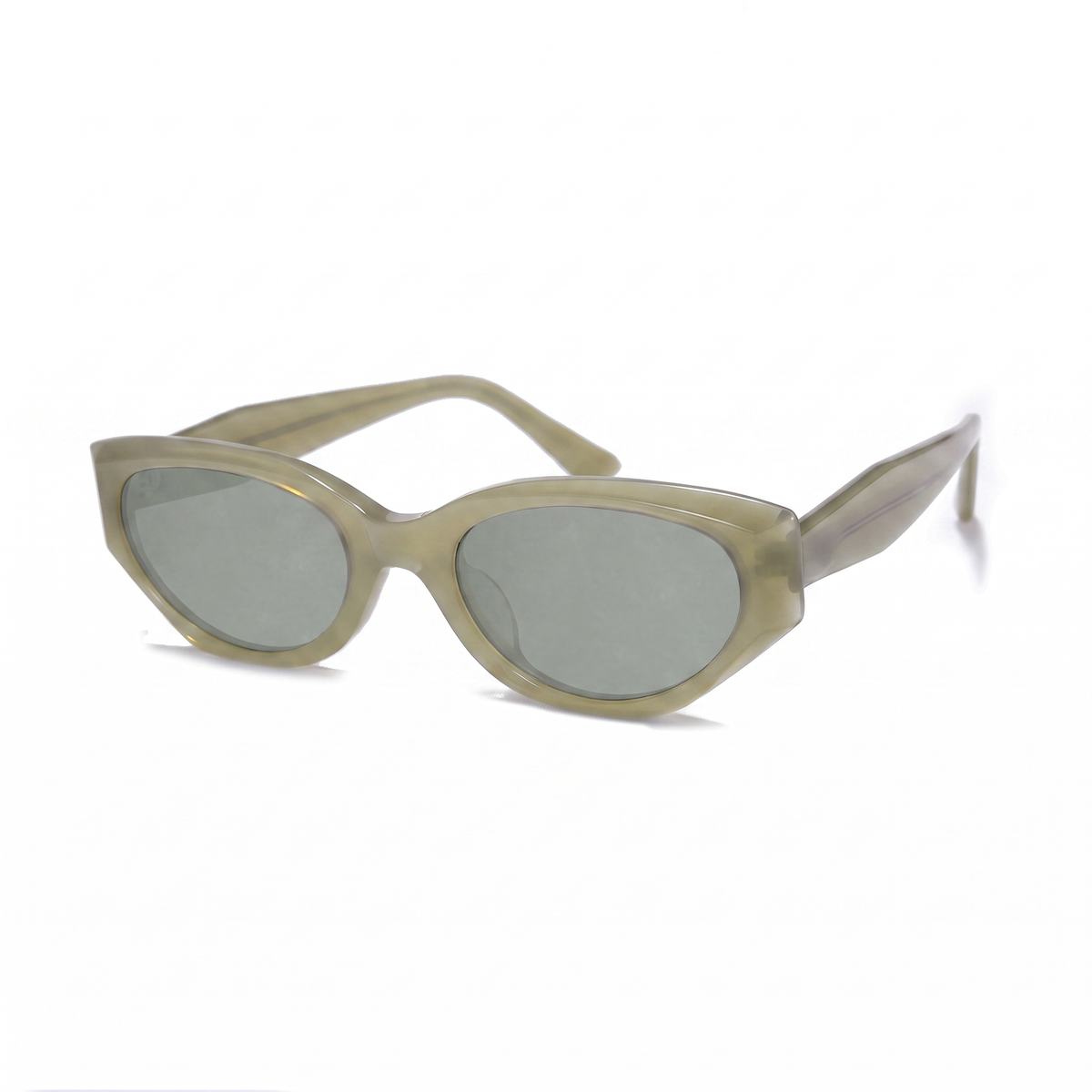 Oversized cat-eye sunglasses with a translucent olive green acetate frame and matching tinted lenses, shown on a plain white background.