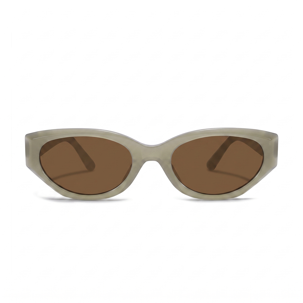 Oversized cat-eye sunglasses with a translucent light gray-green acetate frame and brown tinted lenses, shown against a plain white background.