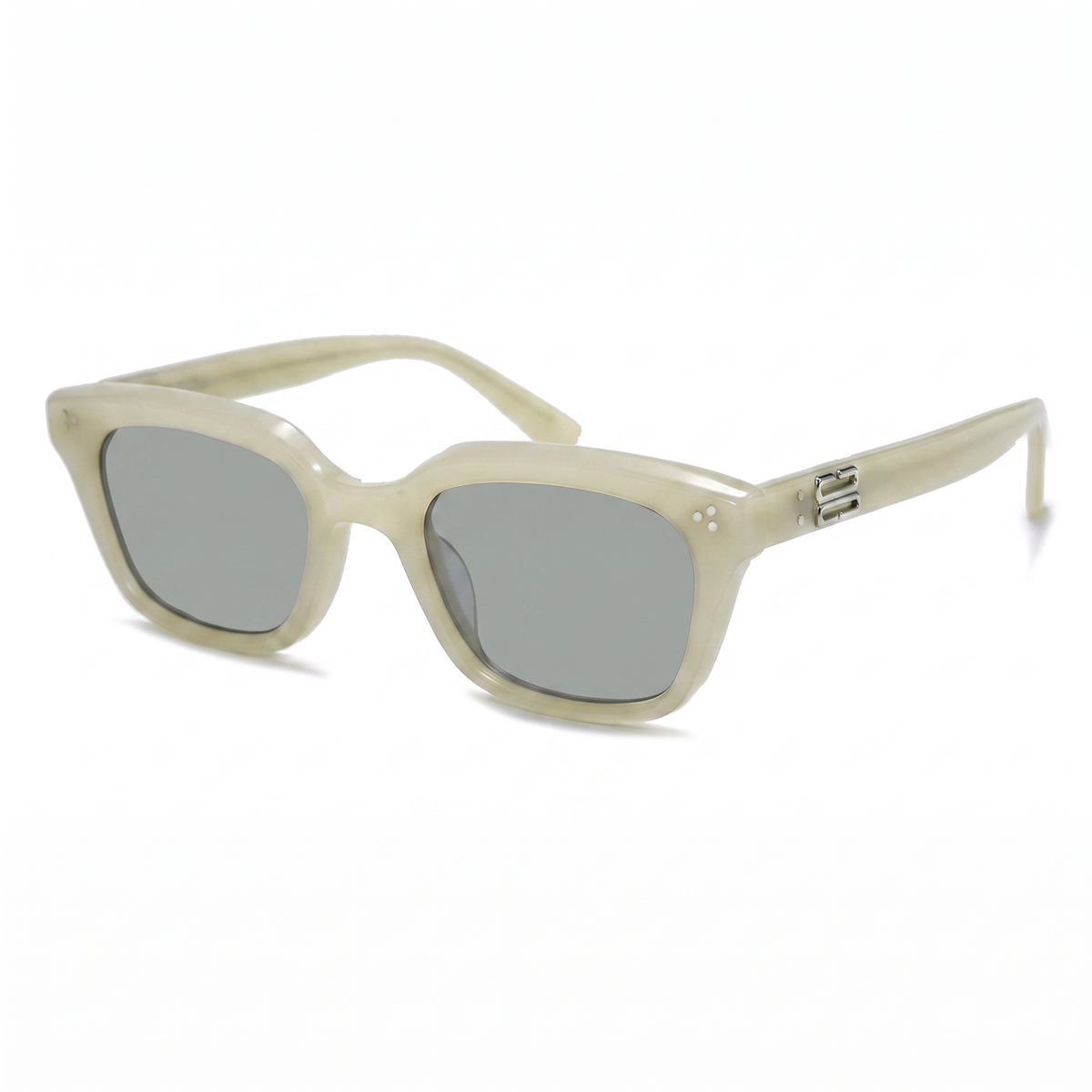 Cream acetate sunglasses with silver mirrored lenses and a small silver logo accent on the temple arm, shown on a white background.