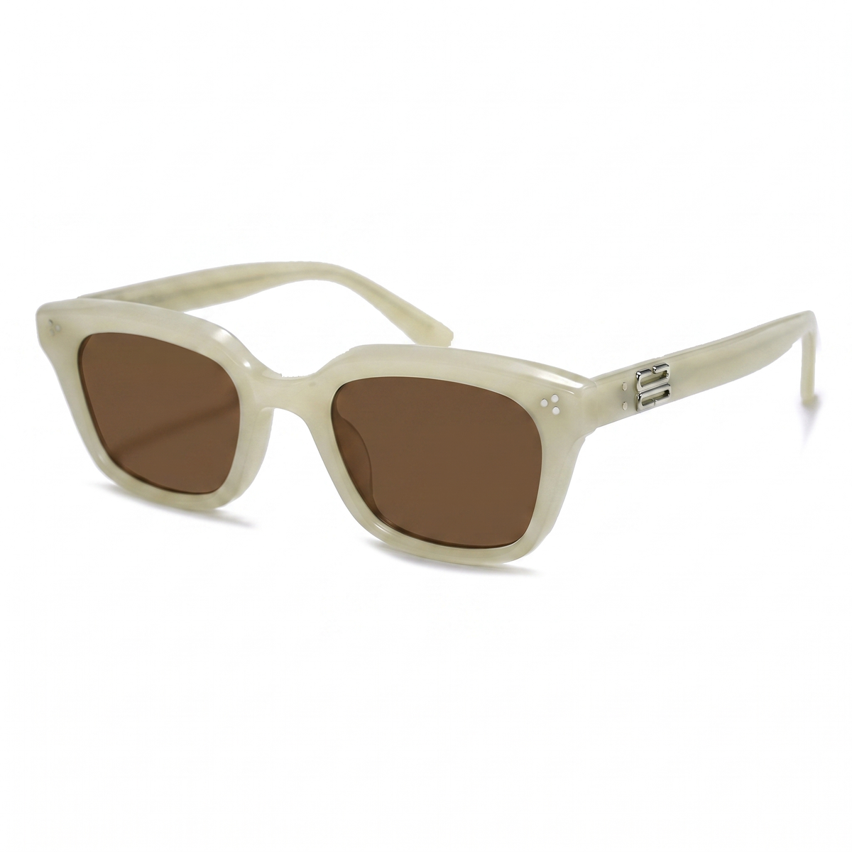 Cream acetate sunglasses with brown lenses, featuring a small silver logo emblem on the temple arm.