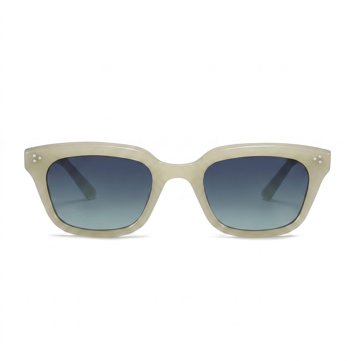 A pair of square sunglasses with a translucent light beige acetate frame and blue gradient lenses, shown against a plain white background.