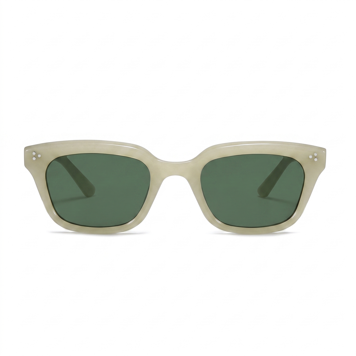 Rectangular sunglasses with a translucent light beige frame and dark green lenses, shown from the front on a white background.