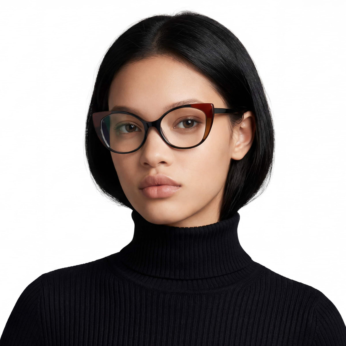 Woman wearing glasses and a black turtleneck against a white background