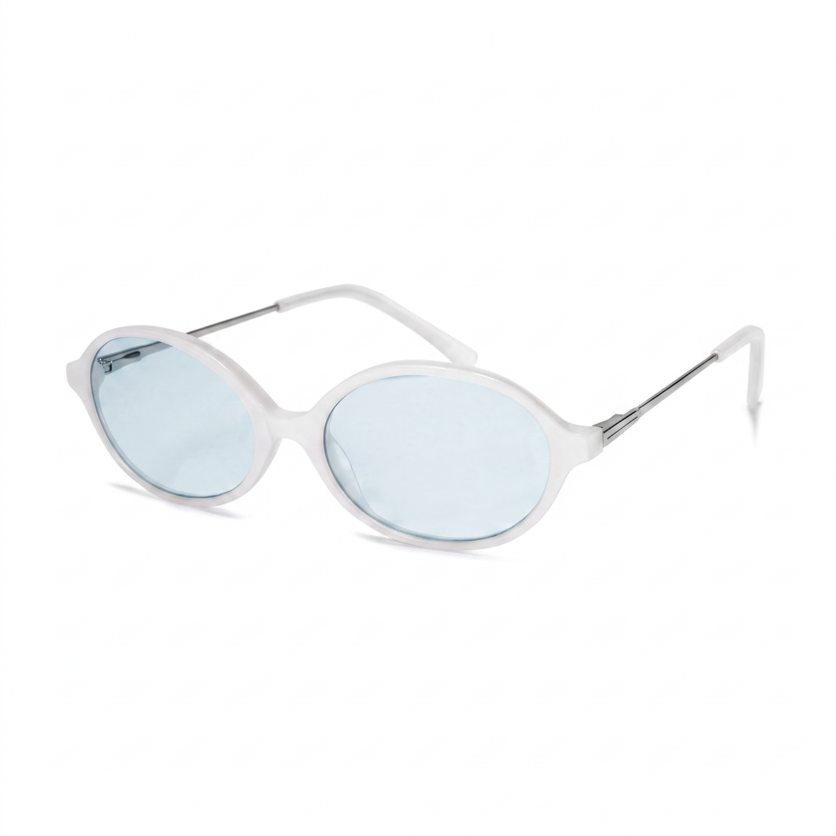 Oval sunglasses with a translucent white frame and light blue lenses, featuring thin silver metal temples, shown on a plain white background.
