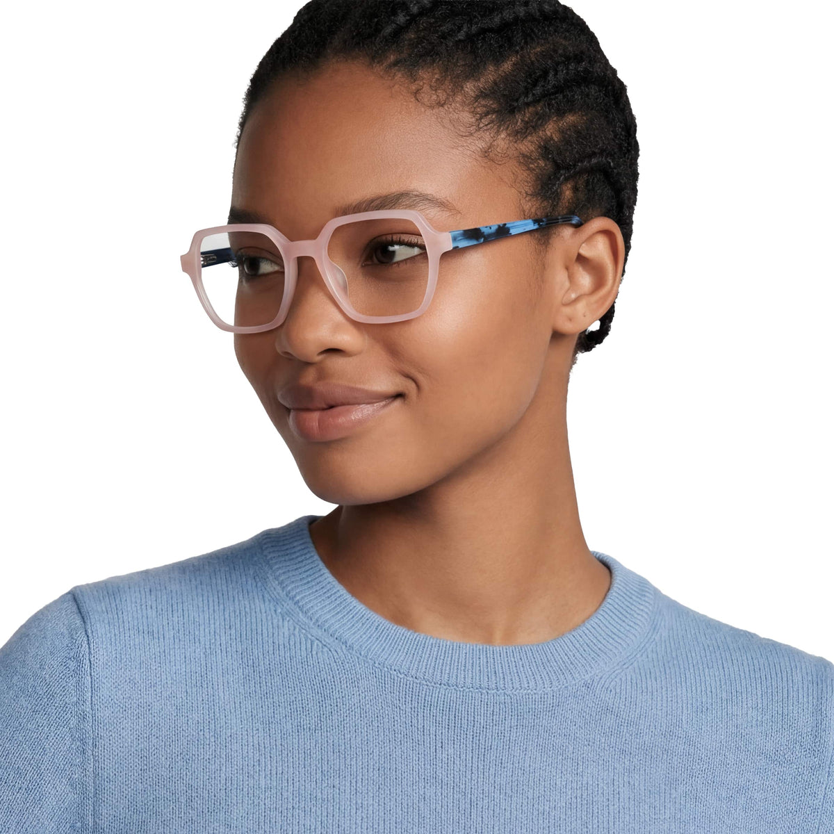 Woman wearing pink glasses with a blue frame on a white background