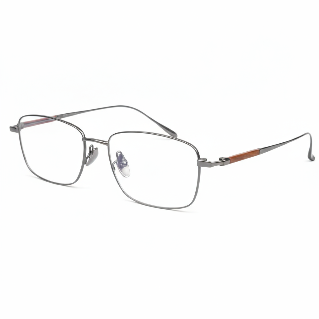 Silver eyeglasses with a wooden bridge on a white background