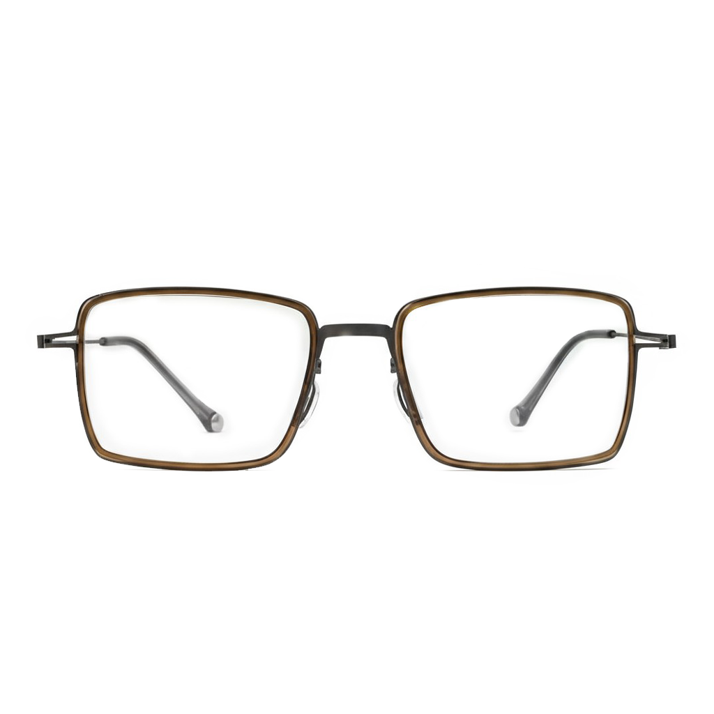 Brown square-framed eyeglasses on a white background