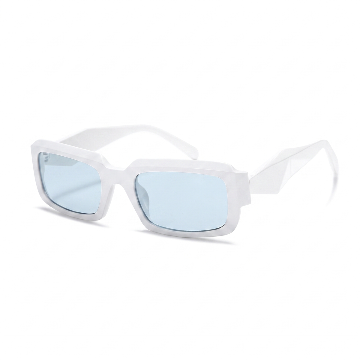 White rectangular 3D glasses with light blue lenses, shown at an angle on a clean white background.