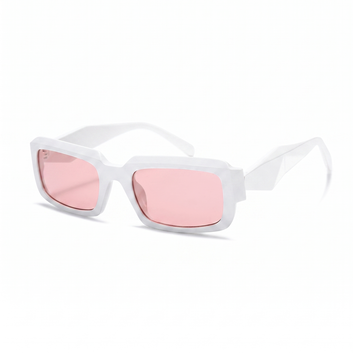 White square sunglasses with translucent pink lenses, shown at a three-quarter angle on a clean white background.