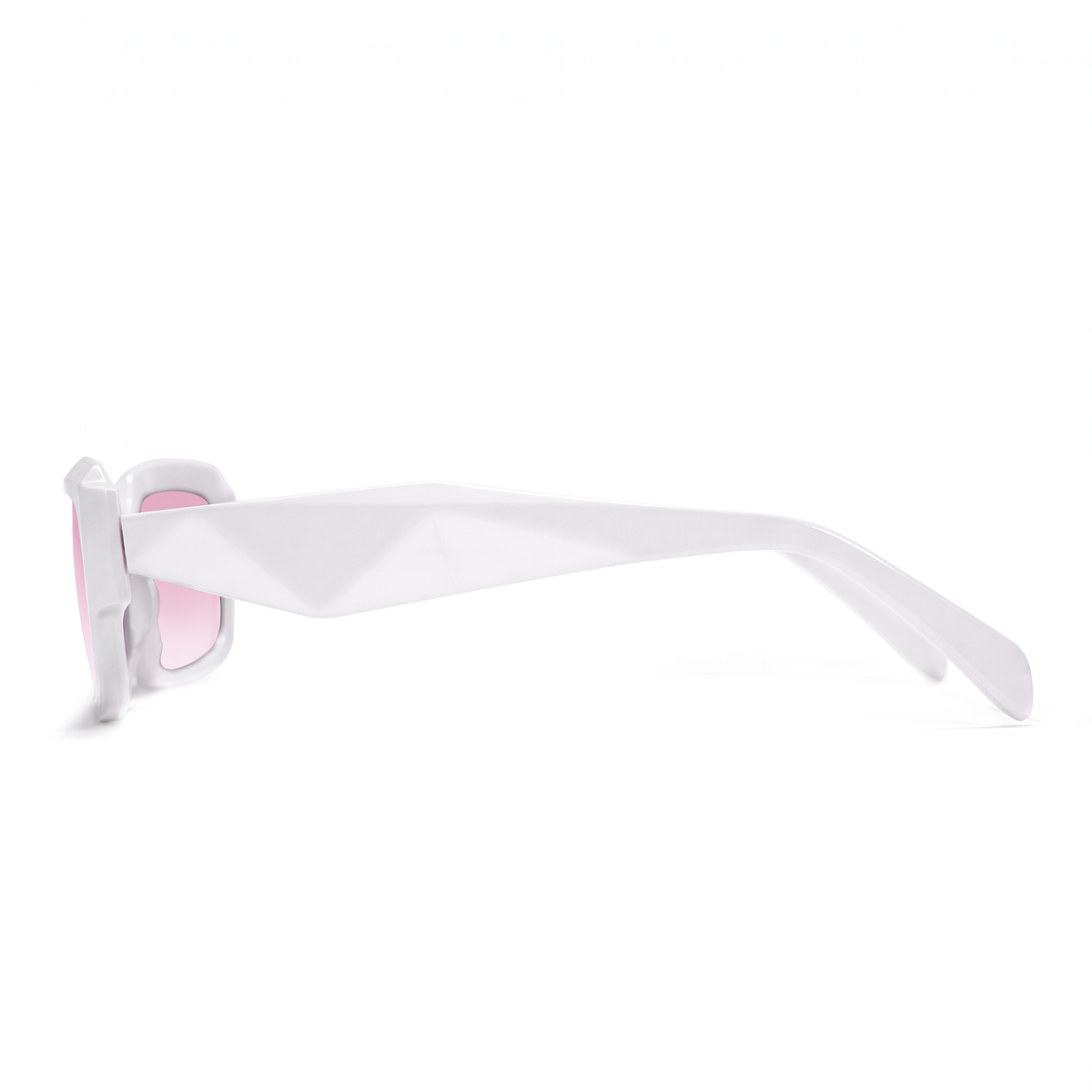 White geometric sunglasses with pink lenses, shown in a side profile view against a solid white background.