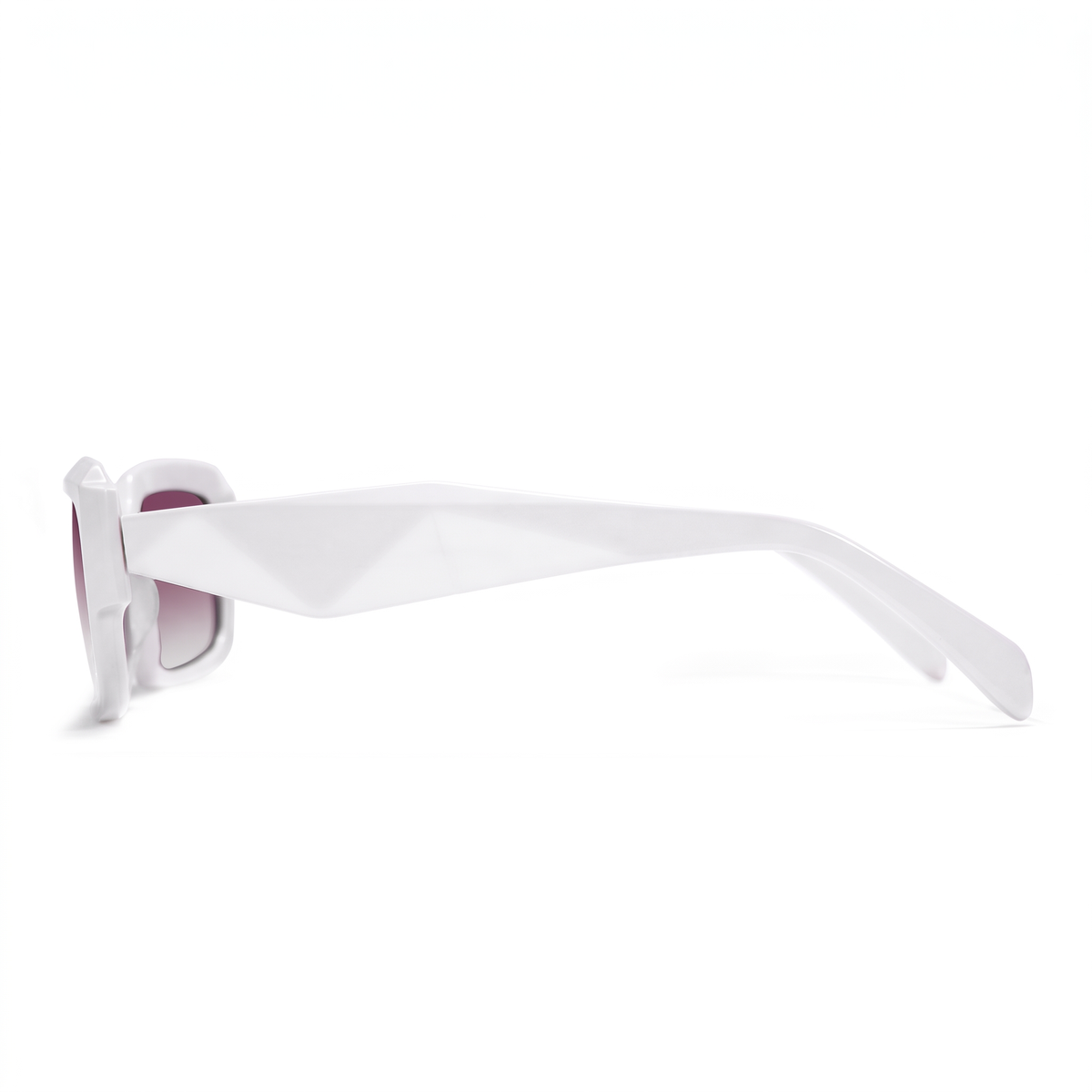 White geometric sunglasses with a thick, angular frame and translucent pink-tinted lenses, shown in profile against a solid white background.