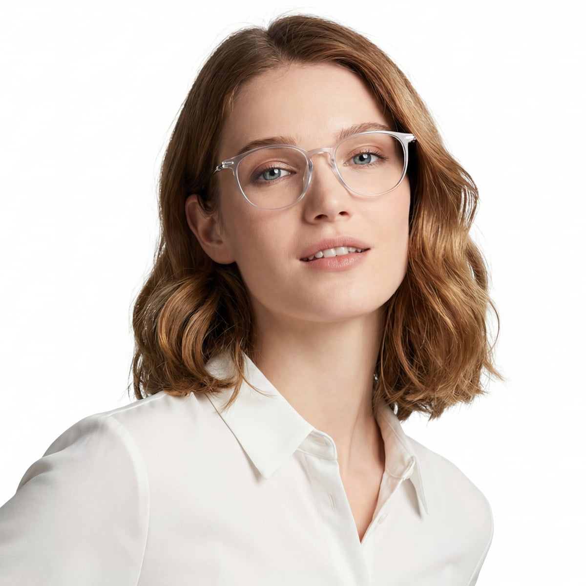Woman wearing clear glasses and a white shirt on a white background