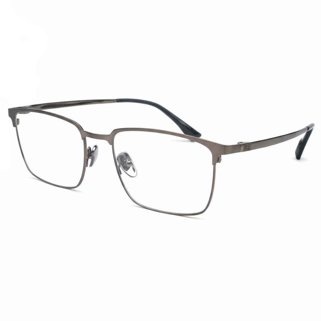 Pair of eyeglasses with a metallic frame on a white background