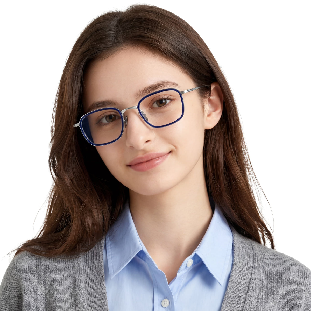 Woman wearing glasses with a neutral background