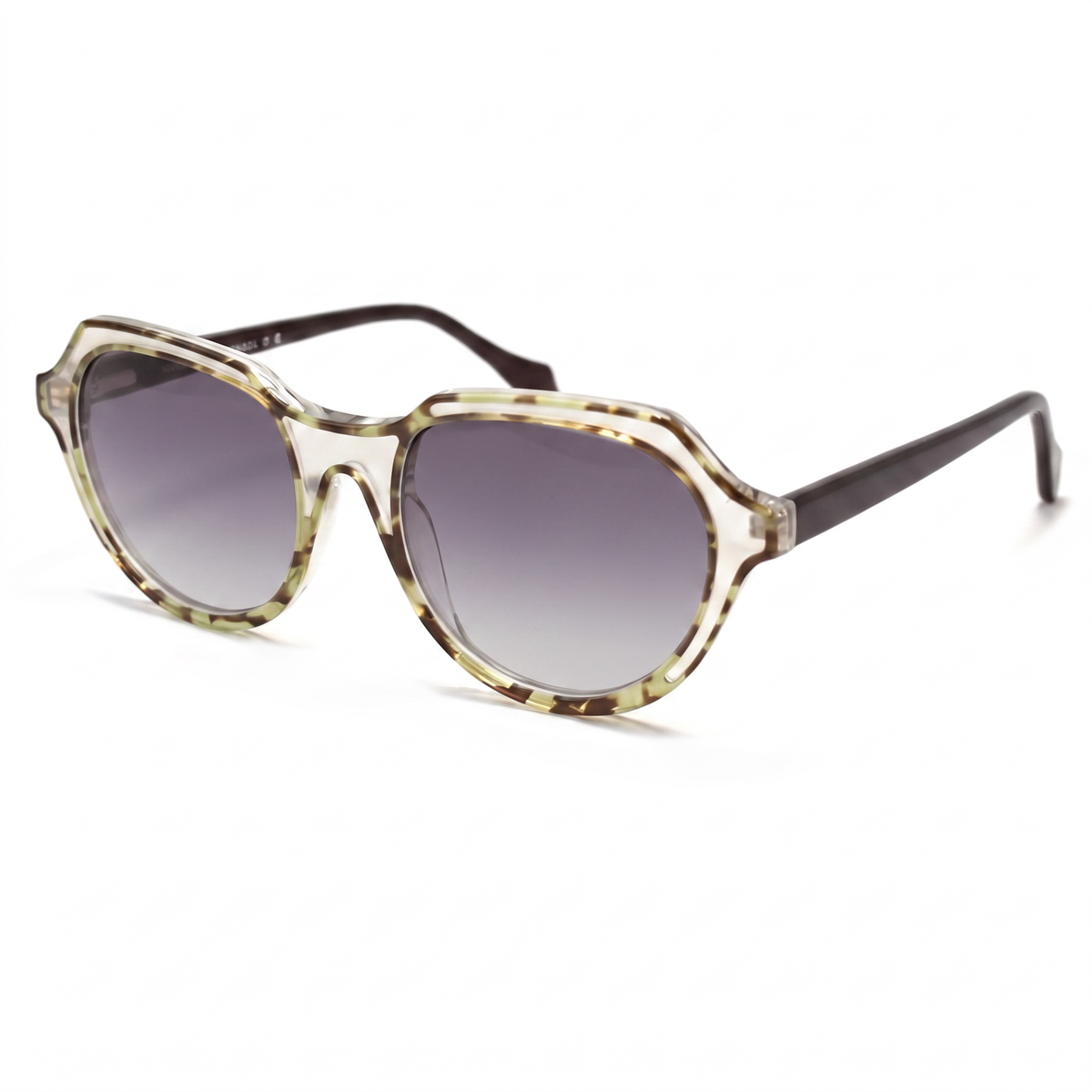 Oversized sunglasses with a translucent tortoiseshell acetate frame, gradient gray lenses, and dark brown temples, shown on a white background.