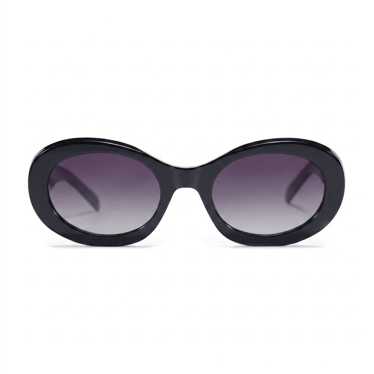 Oval sunglasses with a thick black frame and gradient gray-purple lenses, shown against a plain white background.