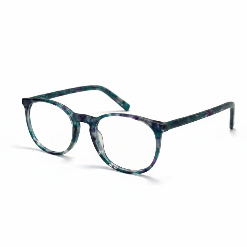 Round eyeglasses with a multicolored frame on a white background