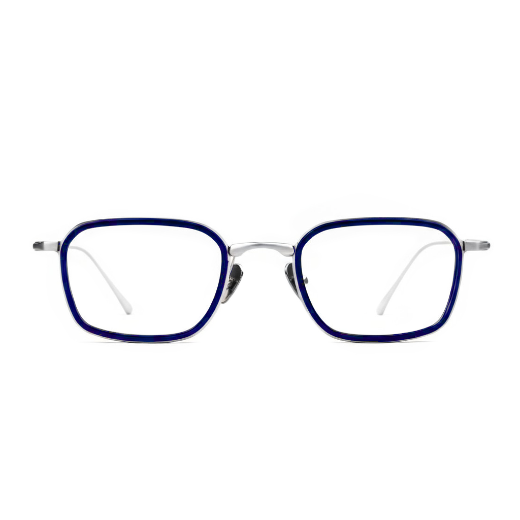 Blue eyeglasses with silver frames on a white background
