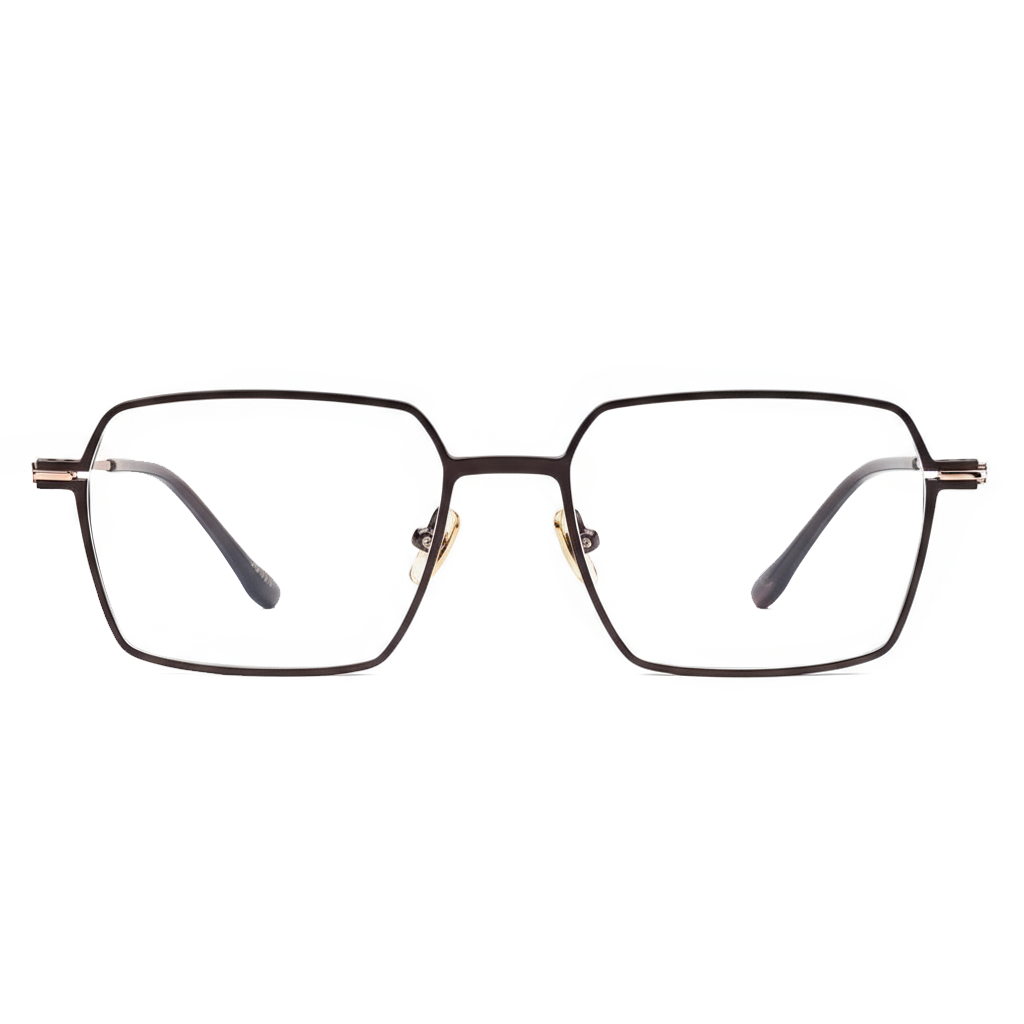 Rectangular eyeglasses with gold frame on a white background