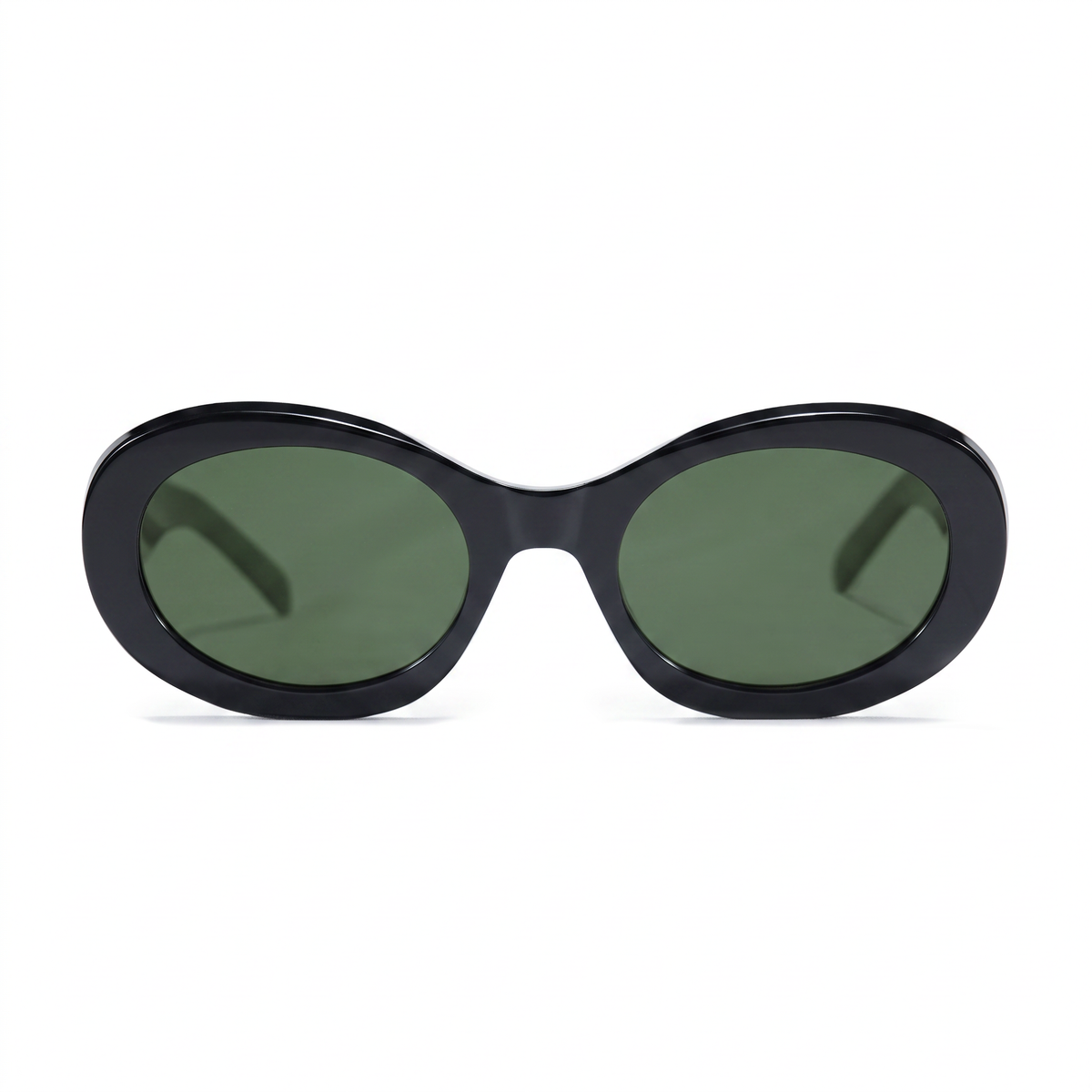 Oval sunglasses with a glossy black frame and dark green lenses, shown from the front on a plain white background.